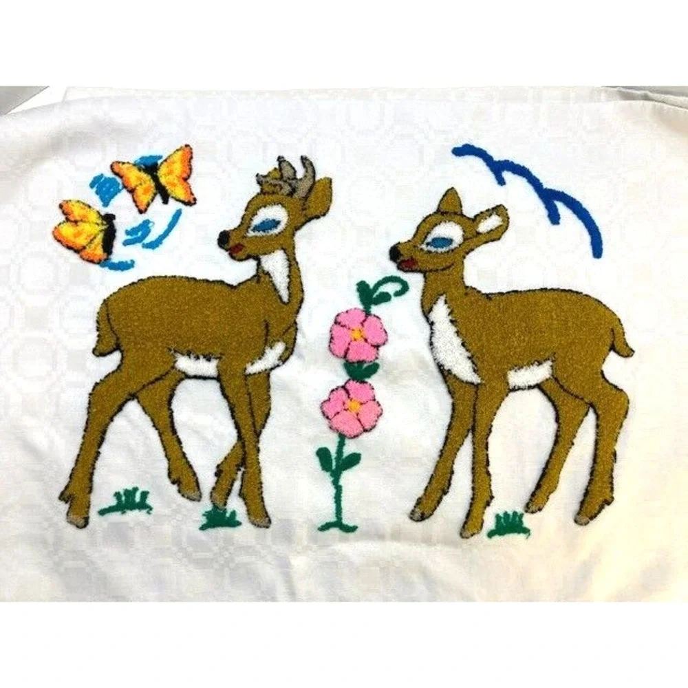 Set of 2 Vtg Pillow Cases w/Deer Butterfly with Flower Punch Stich‎ Handmade